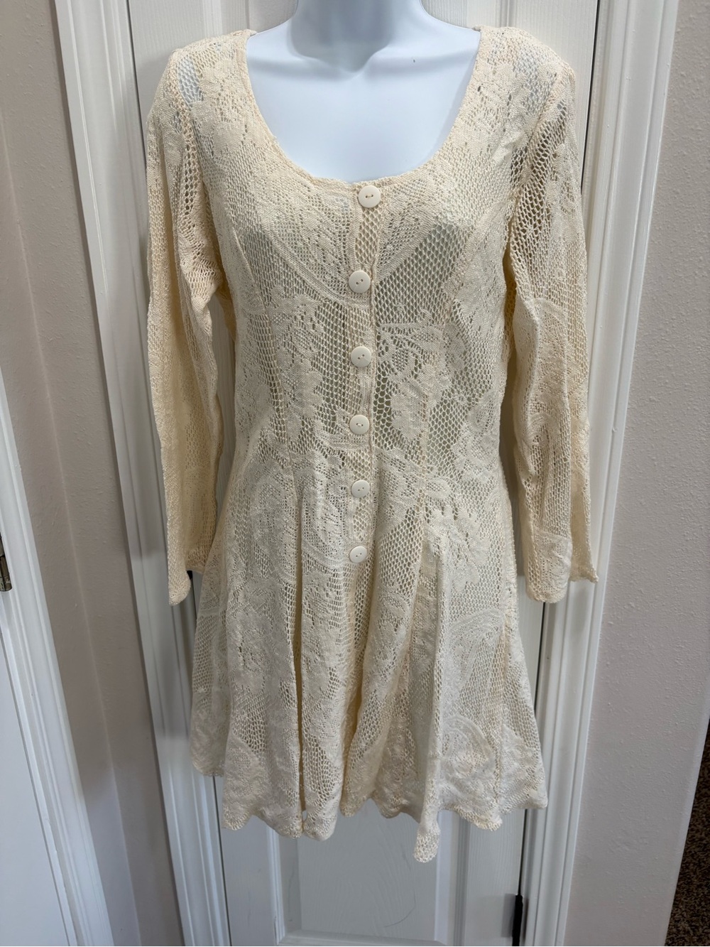 Cream Lace Button-Front Long Sleeve Dress